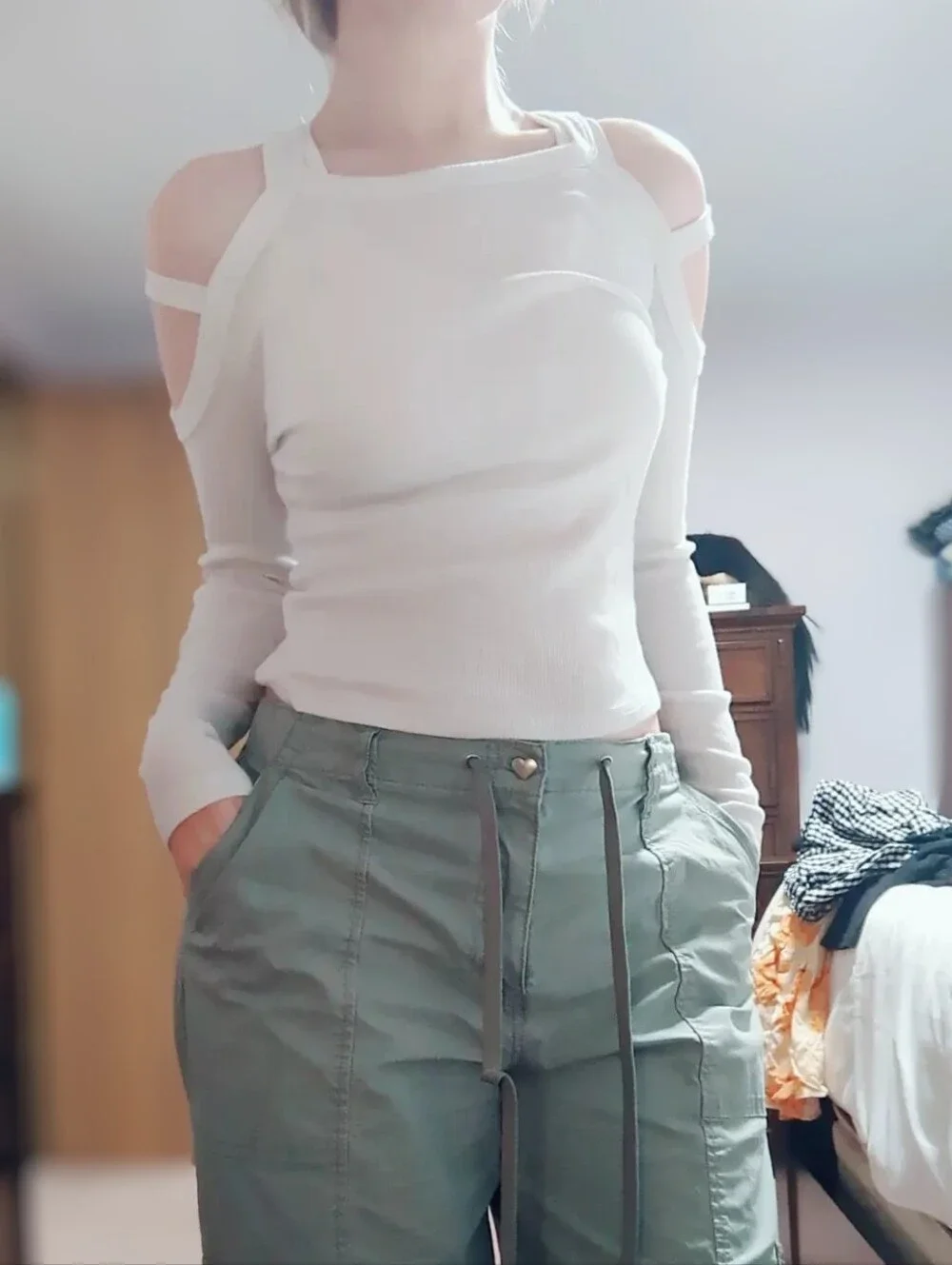White Women's Cold-Shoulder Long Sleeve Top